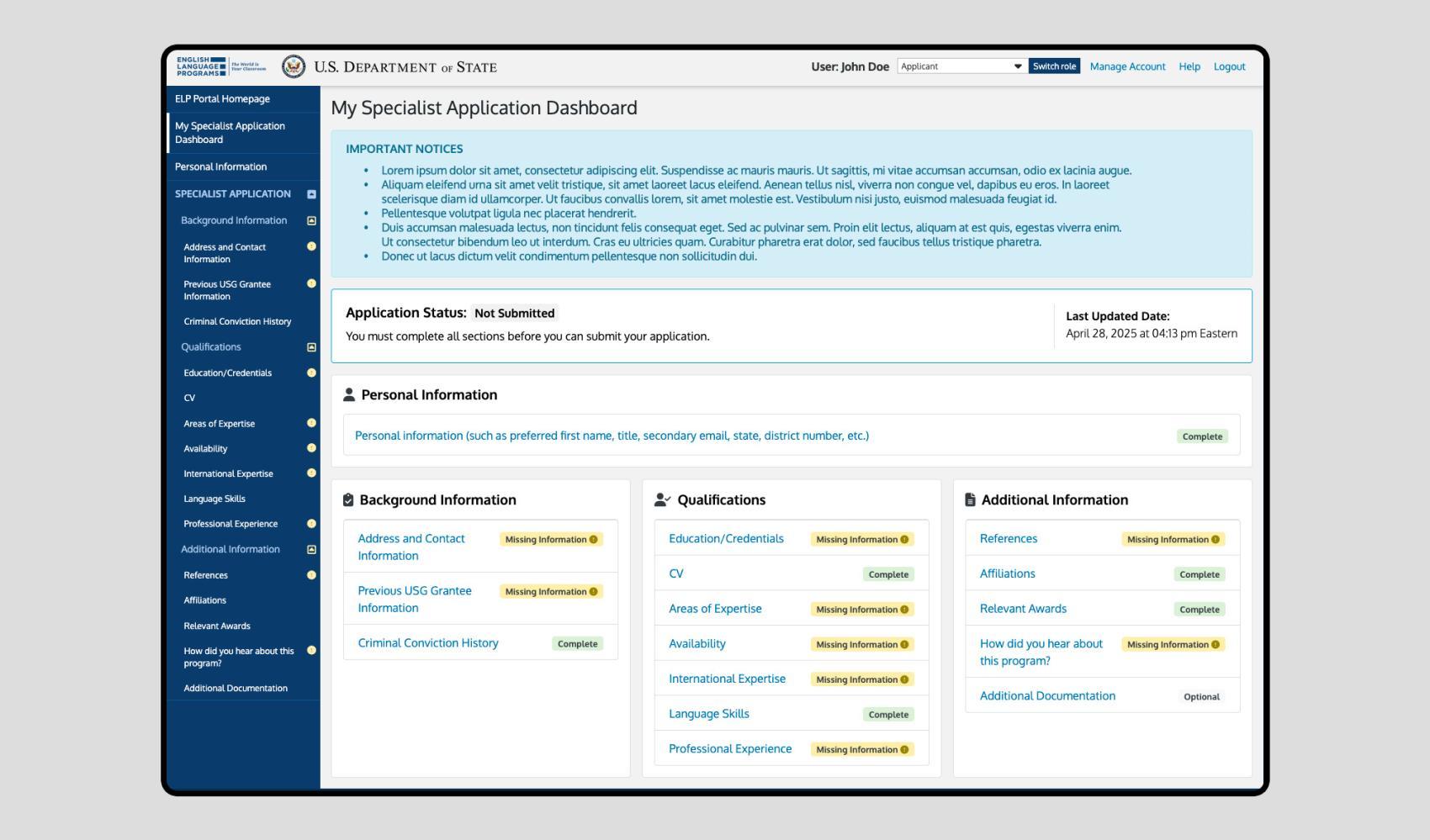 Specialist Application Dashboard Specialist Application Dashboard