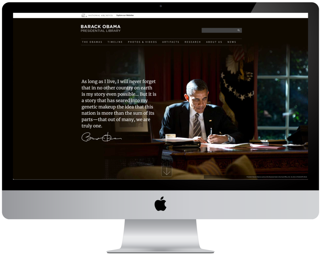 Barack Obama Presidential Library website home page in an iMac frame