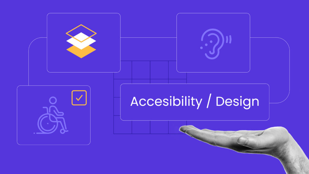 An image featuring interconnected boxes with a person in a wheelchair, a human ear, overlaid squares, and the words "accessibility" and "design", held up by a human hand.