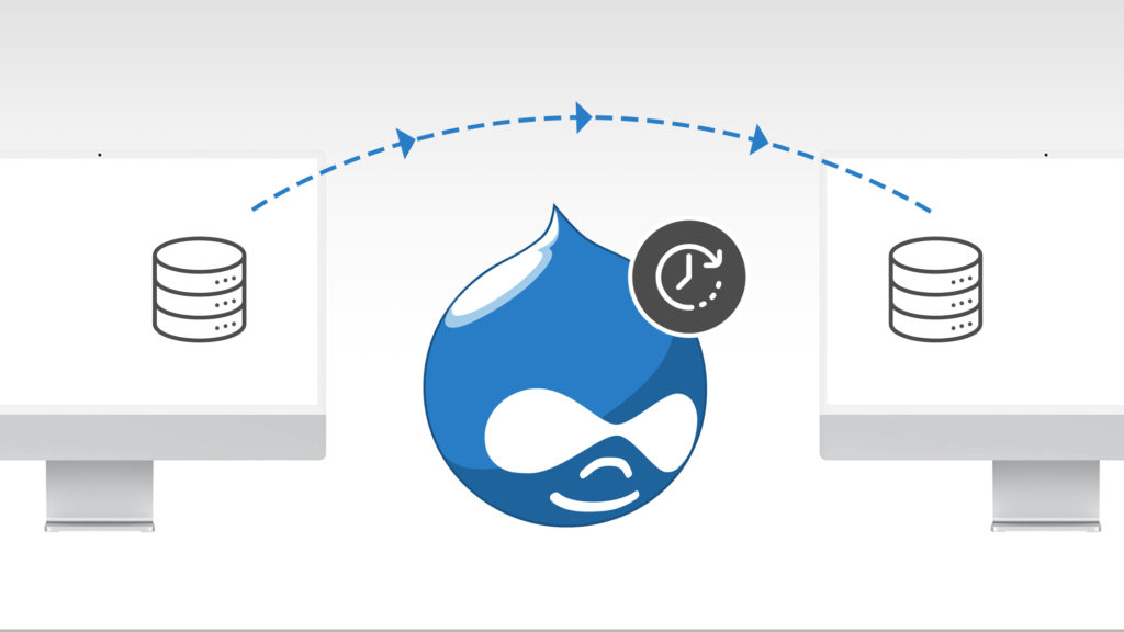 Image of two computer screens with arrows pointing from one to the other, with the Drupal logo in between with a clock overtop it